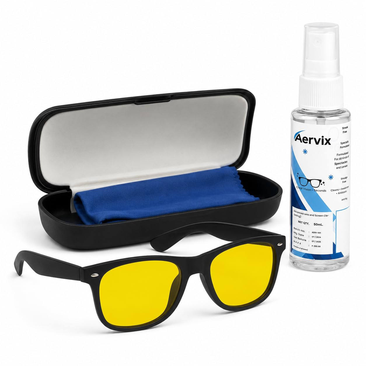 Anti-Glare Yellow Lens Night Driving Sunglasses with 50ml Lens Cleaner Spray Combo, UV Protected Square Goggles for Car, Bike, Computer, Mobile & Outdoor Use, Black-image-16
