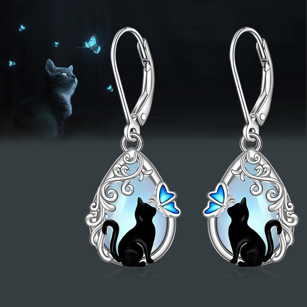 Cat Earrings Moonstone Black Cat Earrings for Women Sterling Silver Filigree Butterfly Dangle Drop Jewelry Leverback Halloween Christmas Gifts - Image 4