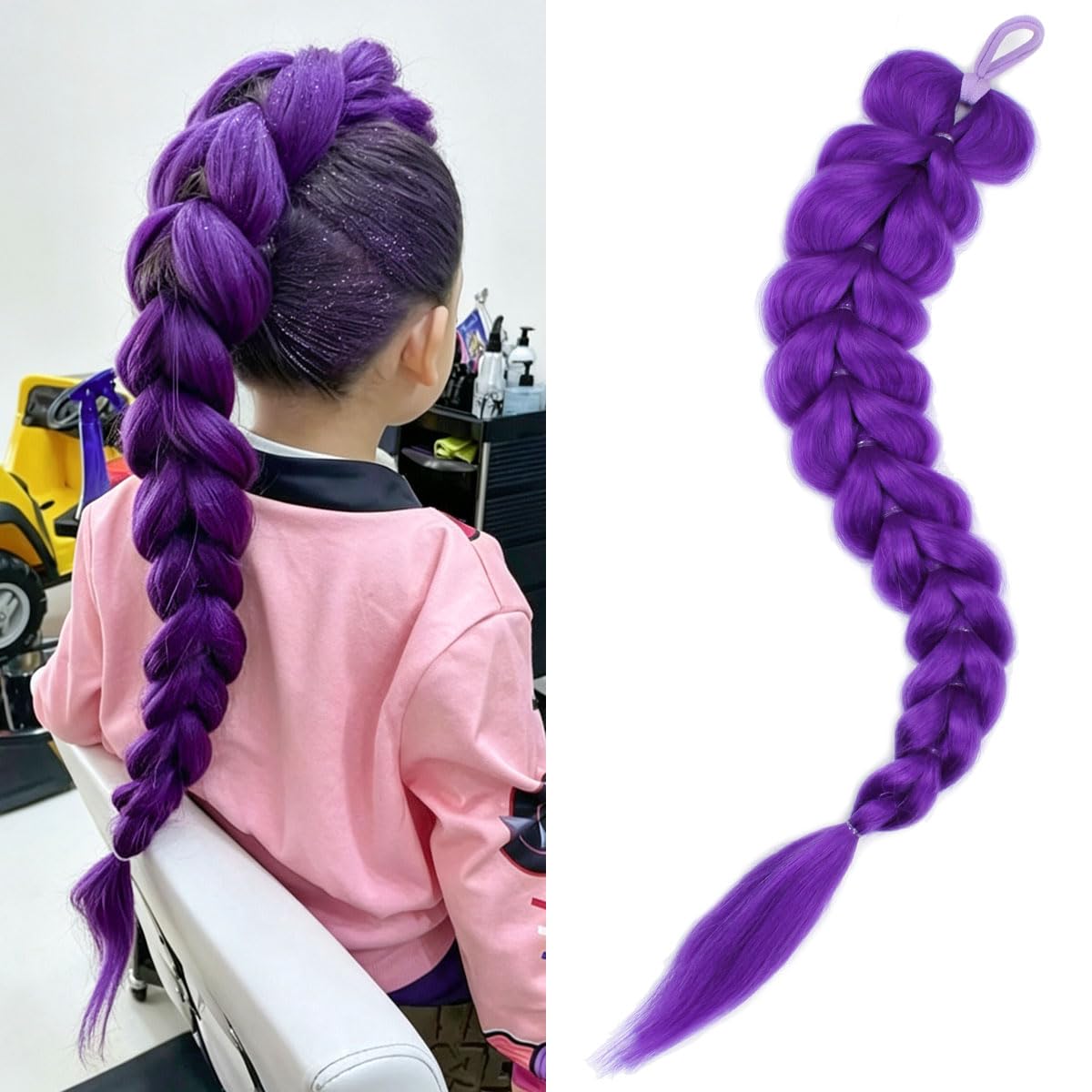 24 inch Purple Braids Ponytail Hair Pre Braiding Hair with Tie Synthetic Purple Hair Extensions for Halloween Costume Cosplay（24inch Braids Ponytail）