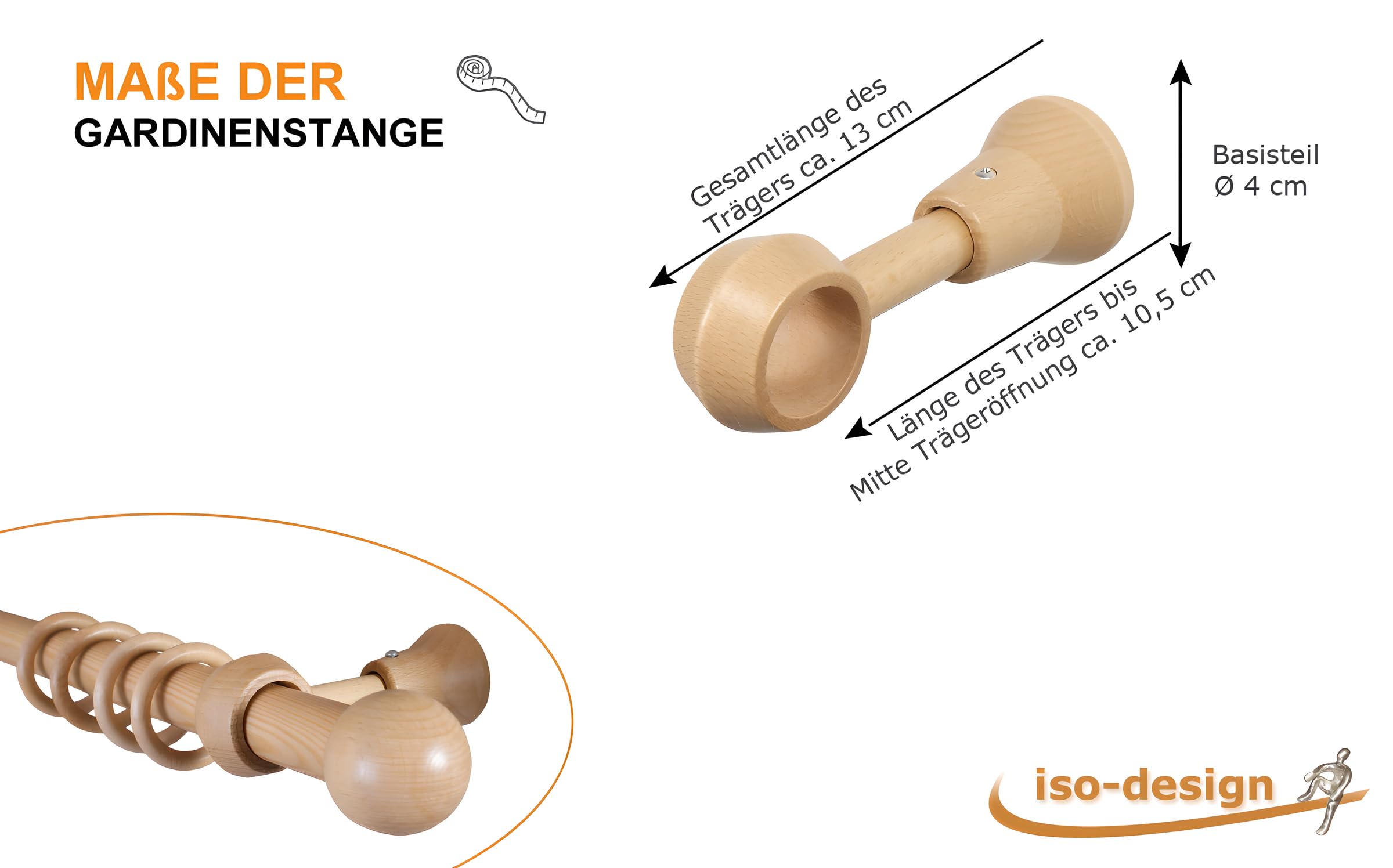 iso-design Holz Gardinenstange mit Endstück Kugel Farbe Eiche hell, 28 mm Durchmesser, Gardinenstange mit Gardinenringen 260 cm (mittig geteilt)
