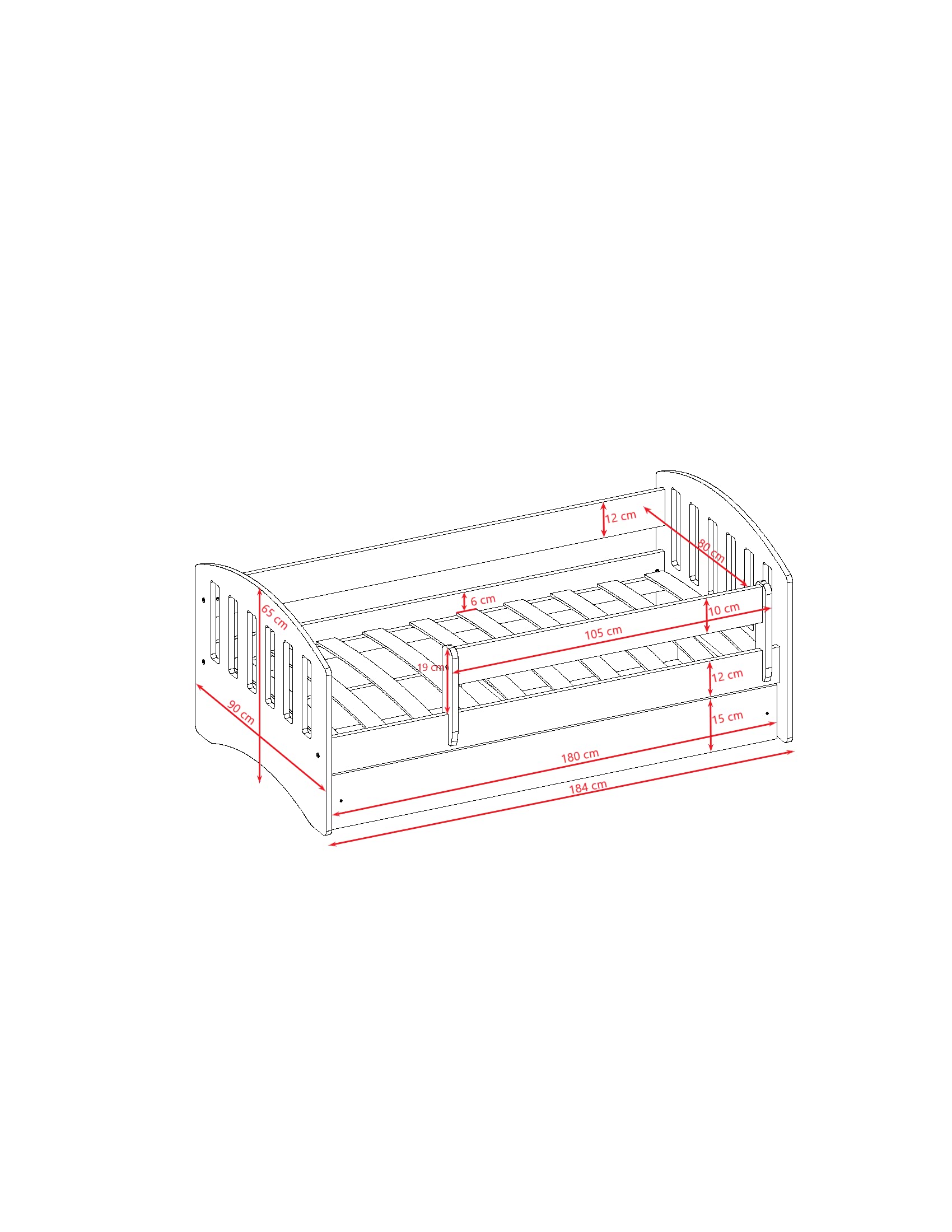 Letto per bambini singolo 140x70 160x80 180x80 con sponda anticaduta con barriera cassettone estraibile e telaio a doghe per bambini e bambine - Classico - bianco - 80 x 180 cm