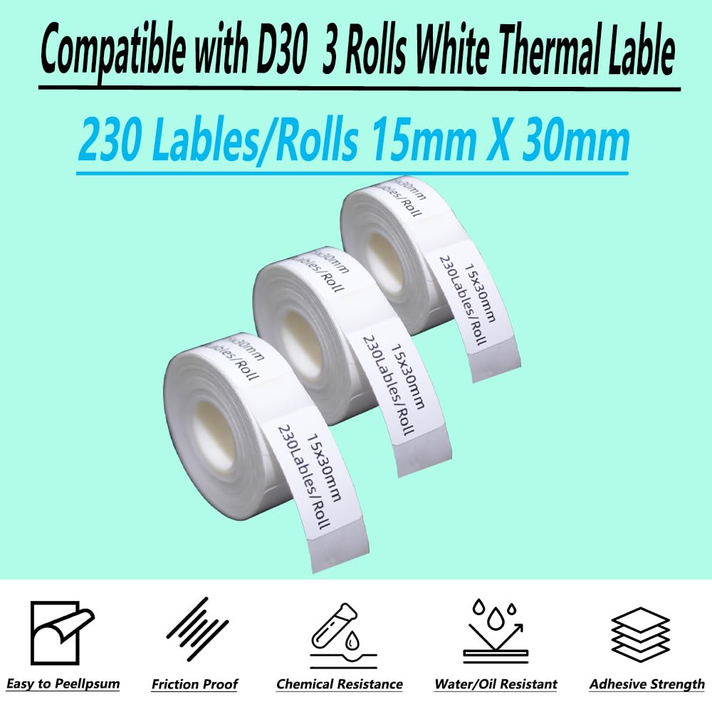 DINGYI 3 Rolls D35 Lables White Sticky Waterproof Label Maker Tapes 15x30mm 690 Labels Thermal Printer Paper for Office Supplies School Home (3) - Image 2