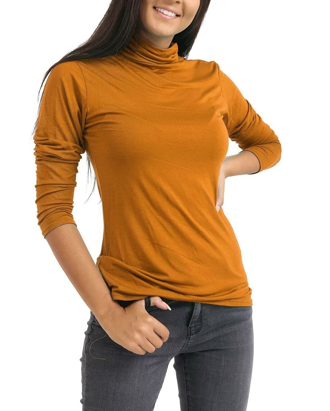 An Direct Women's Mustard Basic Long Sleeve Plain Polo Turtle Neck Stretch Plus Size Top T Shirt (, Xxl)