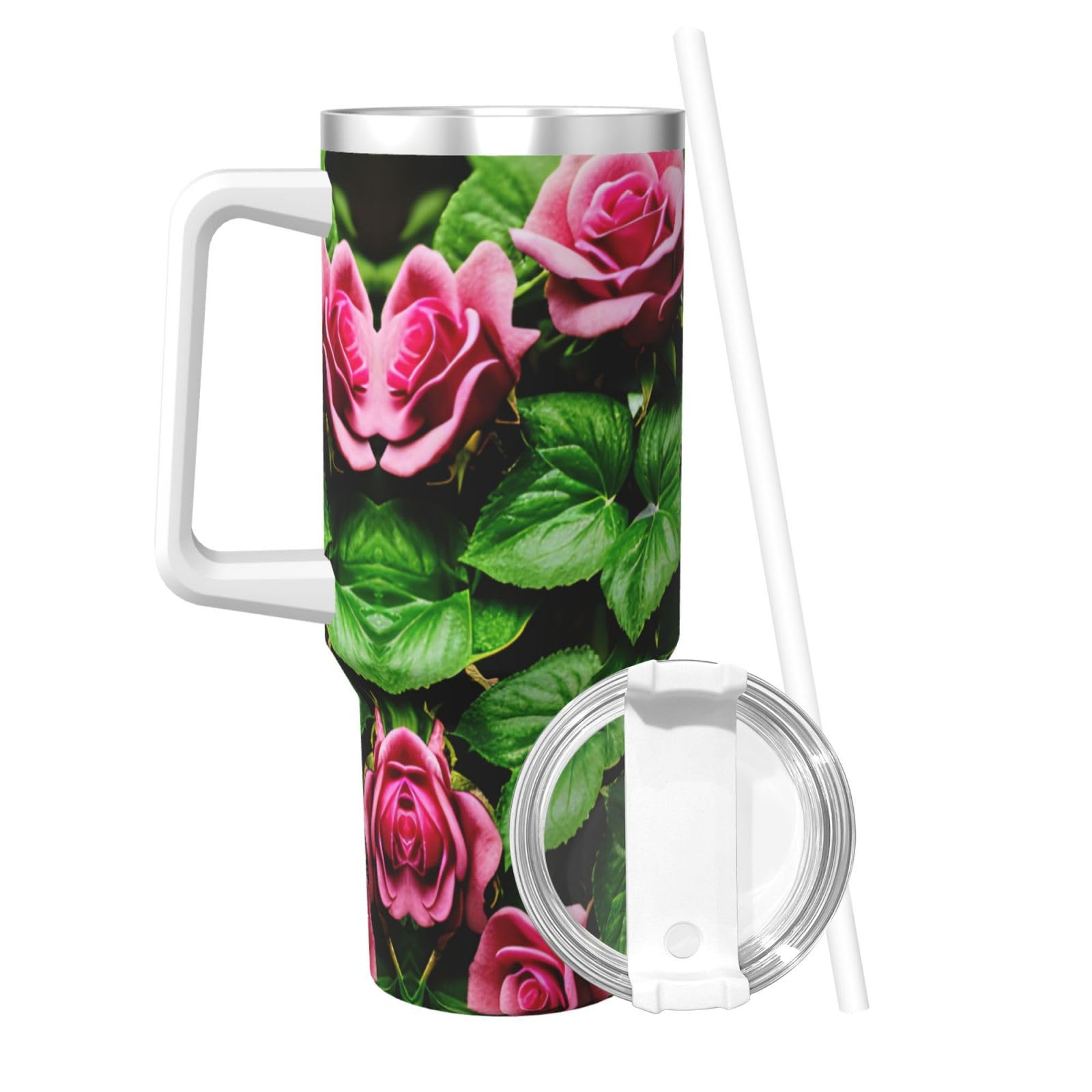 Trinkflasche mit Blumen-Rosen-Efeu mit Blättern, Edelstahl, doppelwandig, isoliert, mit Griff und Strohhalm-Deckel, 1,2 l