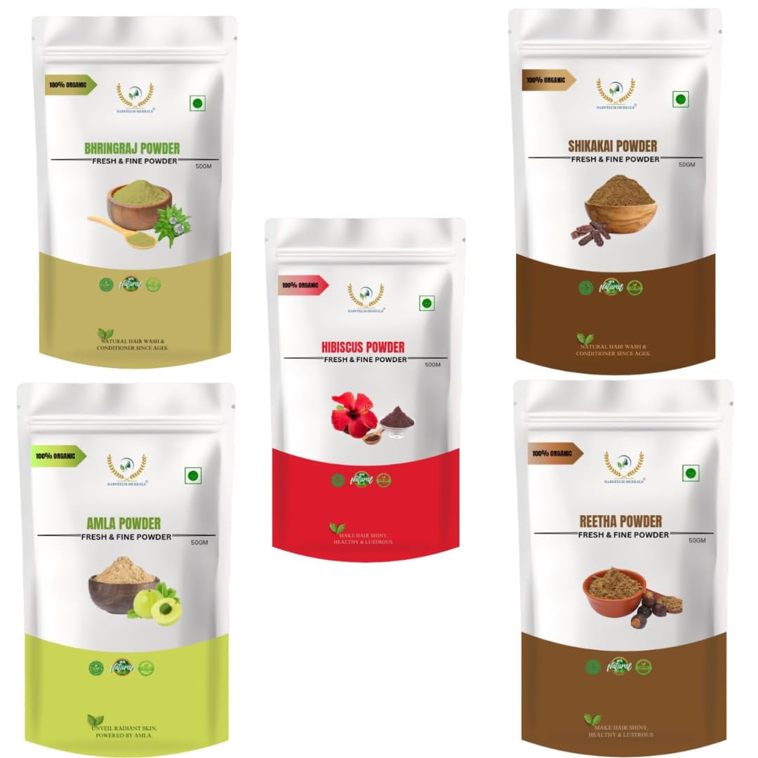 RAINTECH HERBALS Amla Reetha Shikakai Bhringraj And Hibiscus Powder Combo Pack For Hair Care Wash Healthy Scalp Nourishment Mask Helps To Control Dandruff Haifall Natural Cleanser, 5 Count-image-45