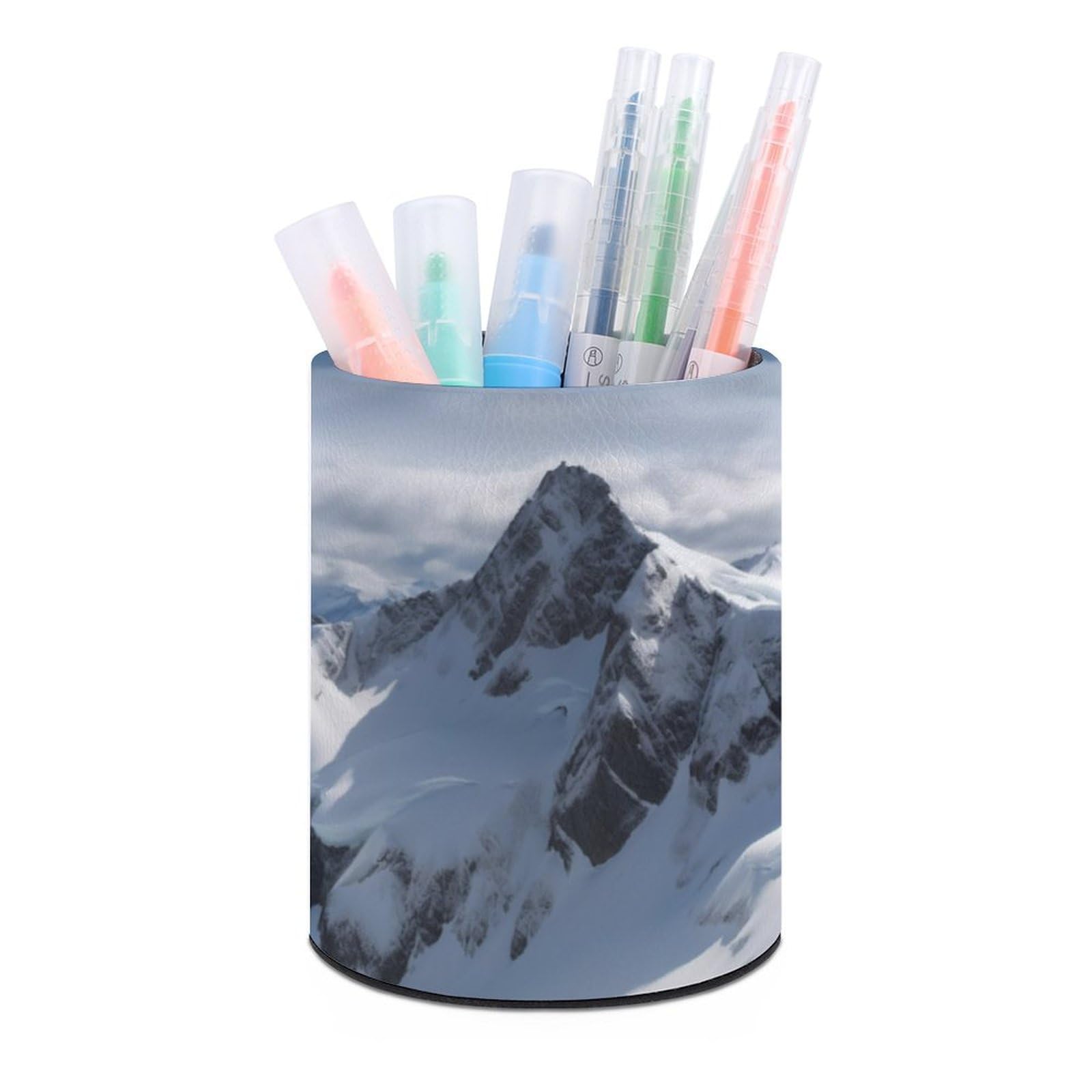 JTREHY Round Pen Holder,Snow Mountain Printed Makeup Brush Storage Box Desktop Stationery Storage Cup Office Accessories Storage Box Pencil Storage Box for Home Office Dressing Table