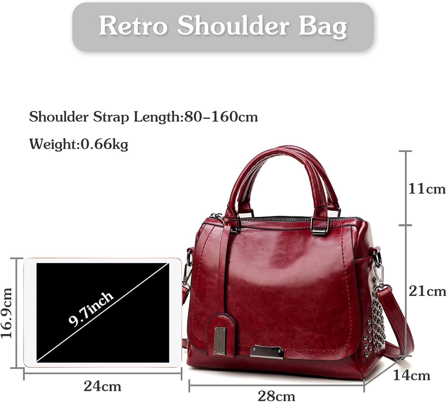 PORRASSO Retro Handbag Women Crossbody Bag Ladies Shoulder Bag Top-handle Bag Satchel for Work Travel Dating Shopping Red Wine - Image 4