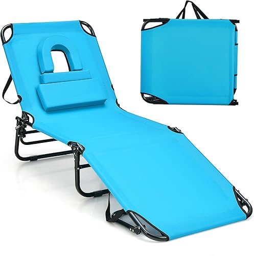 Miniatura 17 de Goplus Silla de bronceado, silla de playa plegable con agujero facial, almohada extraíble, correa de transporte, posición ajustable, silla