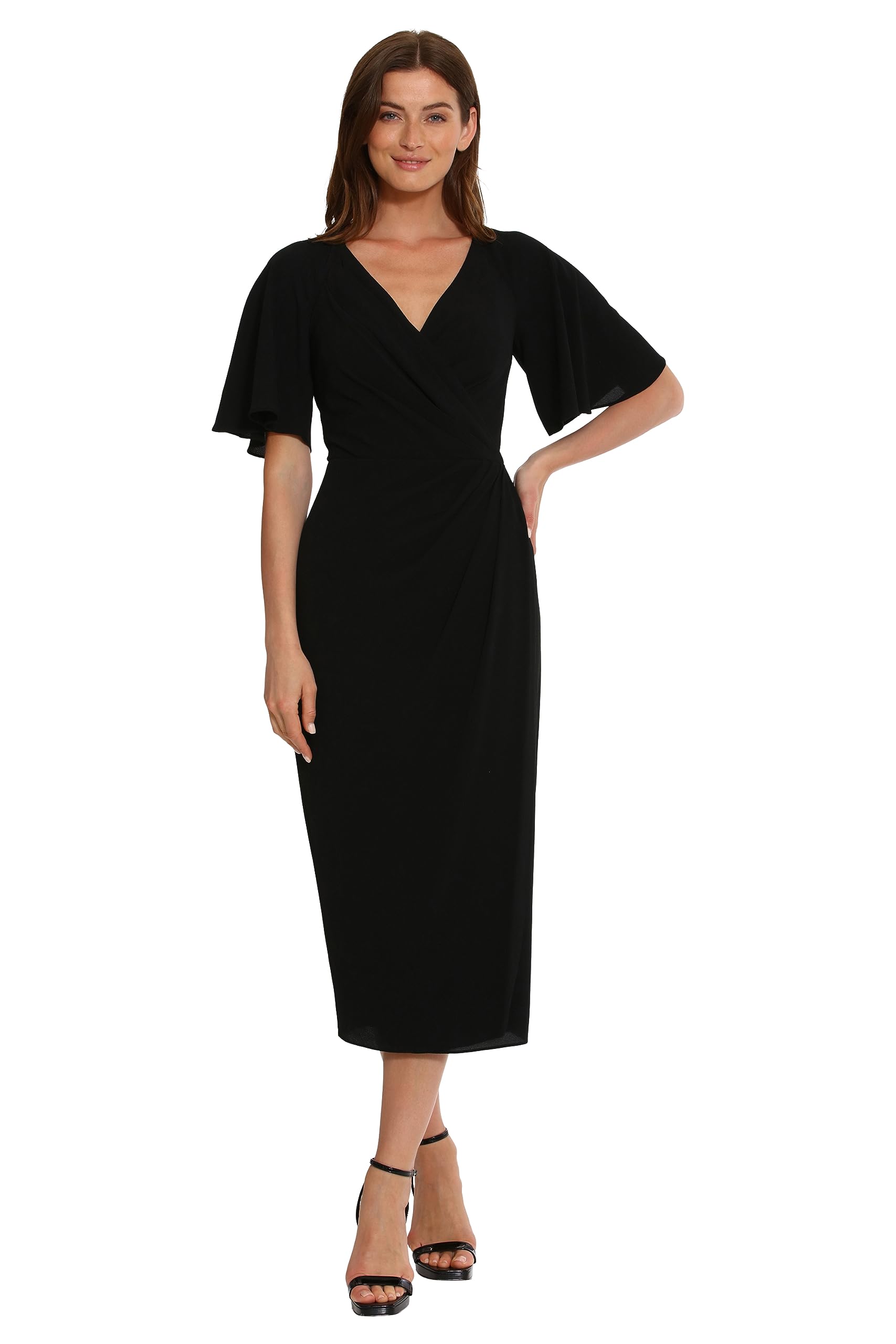 Women's Maggy London Women's Dresses Short Flutter Sleeve Faux Wrap Midi Dress