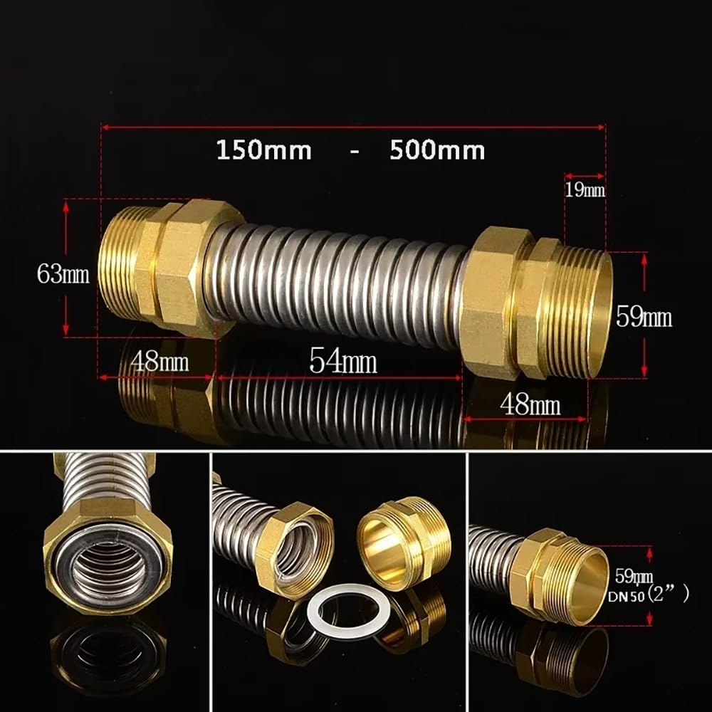 Connettore Flessibile A Soffietto Metallico Con Testa In Rame, Tubo Filettato BSP In Acciaio Inossidabile 304 for Fan Coil E Fornitura Idrica CA Centrale, 1 Pezzo(2" (DN50),50cm)