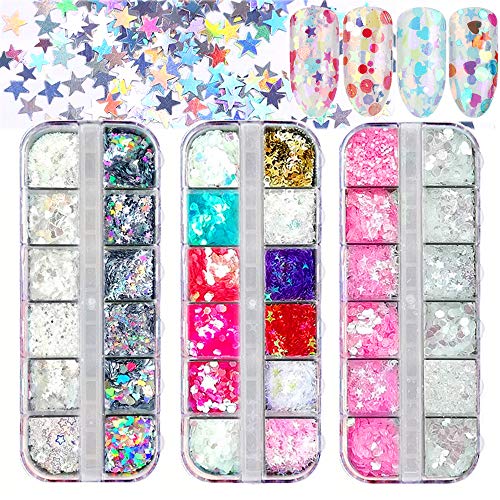 Kalolary 36 boxes Nail Art Glitter Sequins, Laser Nail Art Flake Acrylic Paillettes, Multi-colored 3D Star Heart Moon Confetti Mixed Glitter for Nail Art Decoration