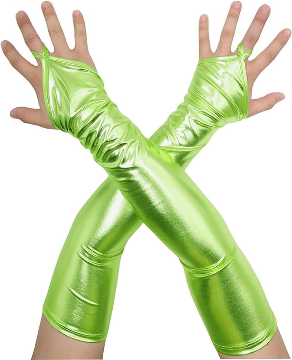 Men's and Women's Shiny Metallic Wet Look Holographic Fingerless Costume Gloves for Evening Party Cosplay Night Club