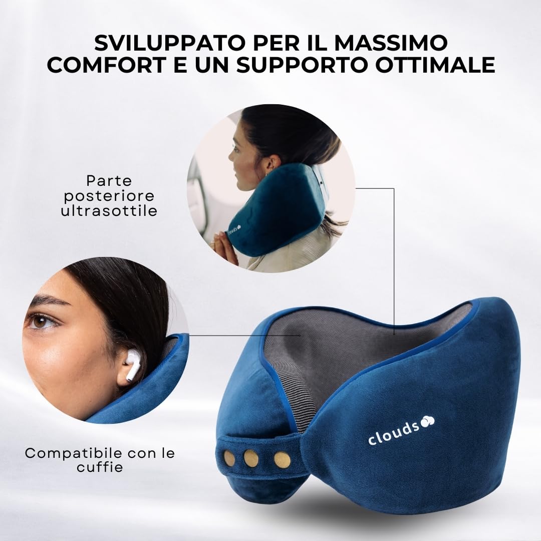 CLOUDS Almohada cervical para avión y coche, almohada de viaje ajustable de espuma viscoelástica en 2 tamaños para adultos, funda transpirable extrasuave, incluye bolsa de transporte (azul, S/M)