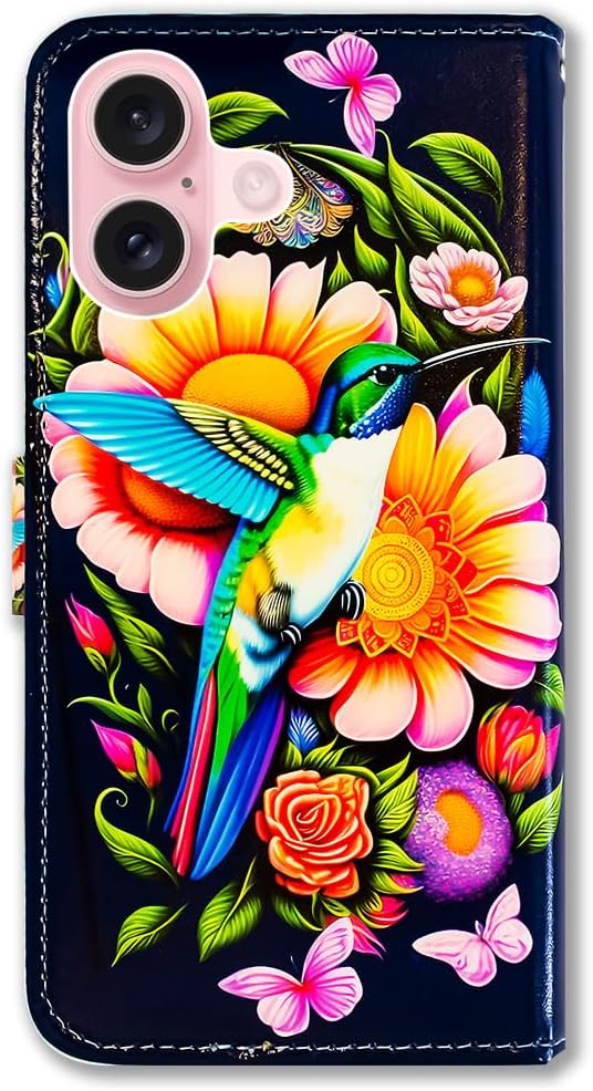 Case for iPhone 16,Hummingbird Butterfly Flowers Leather Flip Phone Case Wallet Cover with Card Slot Holder Kickstand Case for Apple iPhone 16 - Image 8