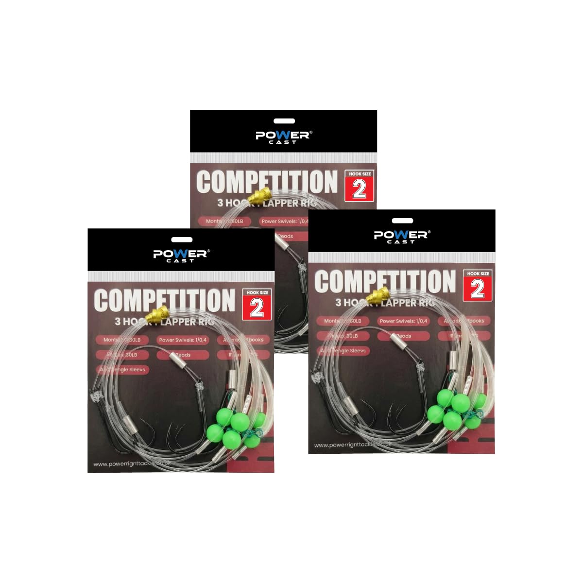 Power Cast Competition 3 Hook Flapper Rig, 3 Pack, Hook Sizes 4, 2 and 1/0, 80LB Main Line, Power Swivels, Green Beads (2) — image 1