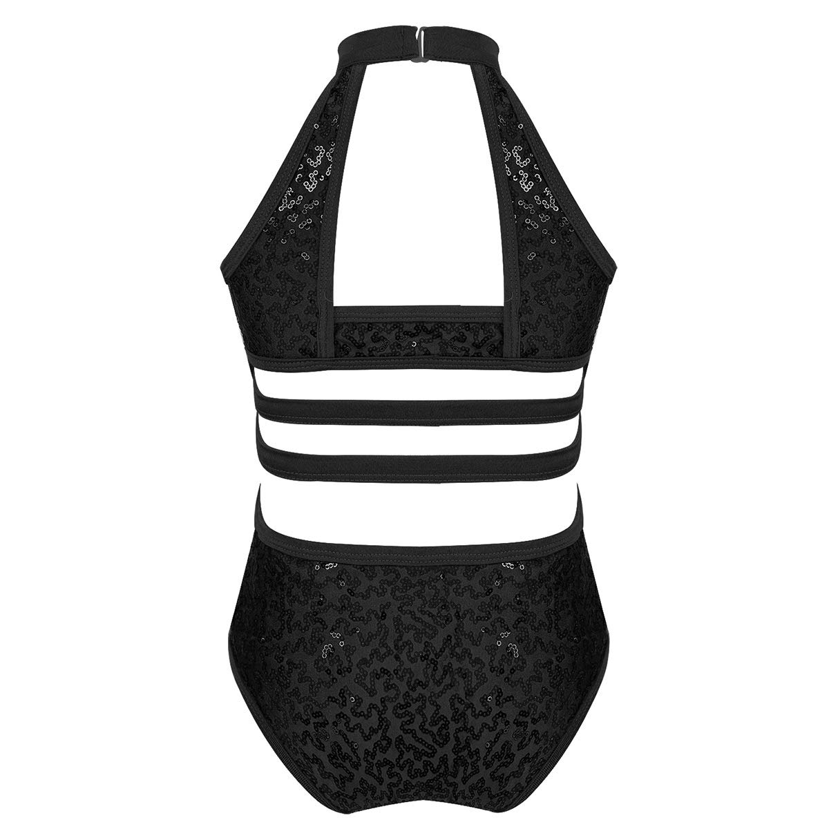 Daenrui Kids Girls Shiny Sequins Gymnastics Leotards Halter Cutouts Athletic Yoga Ballet Bodysuit Dancewear Black 14 Years