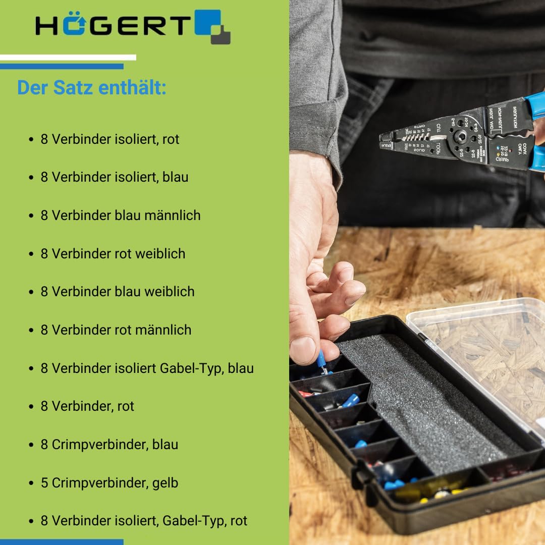 Högert Technik Pinza crimpatrice 0,5-6 mm2 per capicorda con spelafili 86 pezzi acciaio al carbonio