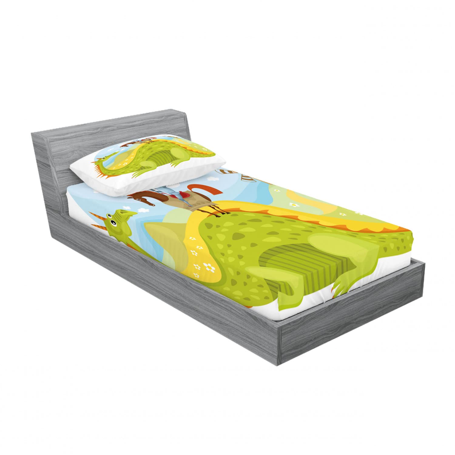 Ambesonne Cartoon 2 Pack Fitted Sheet & Pillow Sham Set, Knight and His Horse, 4 Pcs Bedding Decor, Package Contains 2 Twin Size Fitted Sheets & 2 Pillow Covers, Apple Green Sky Blue