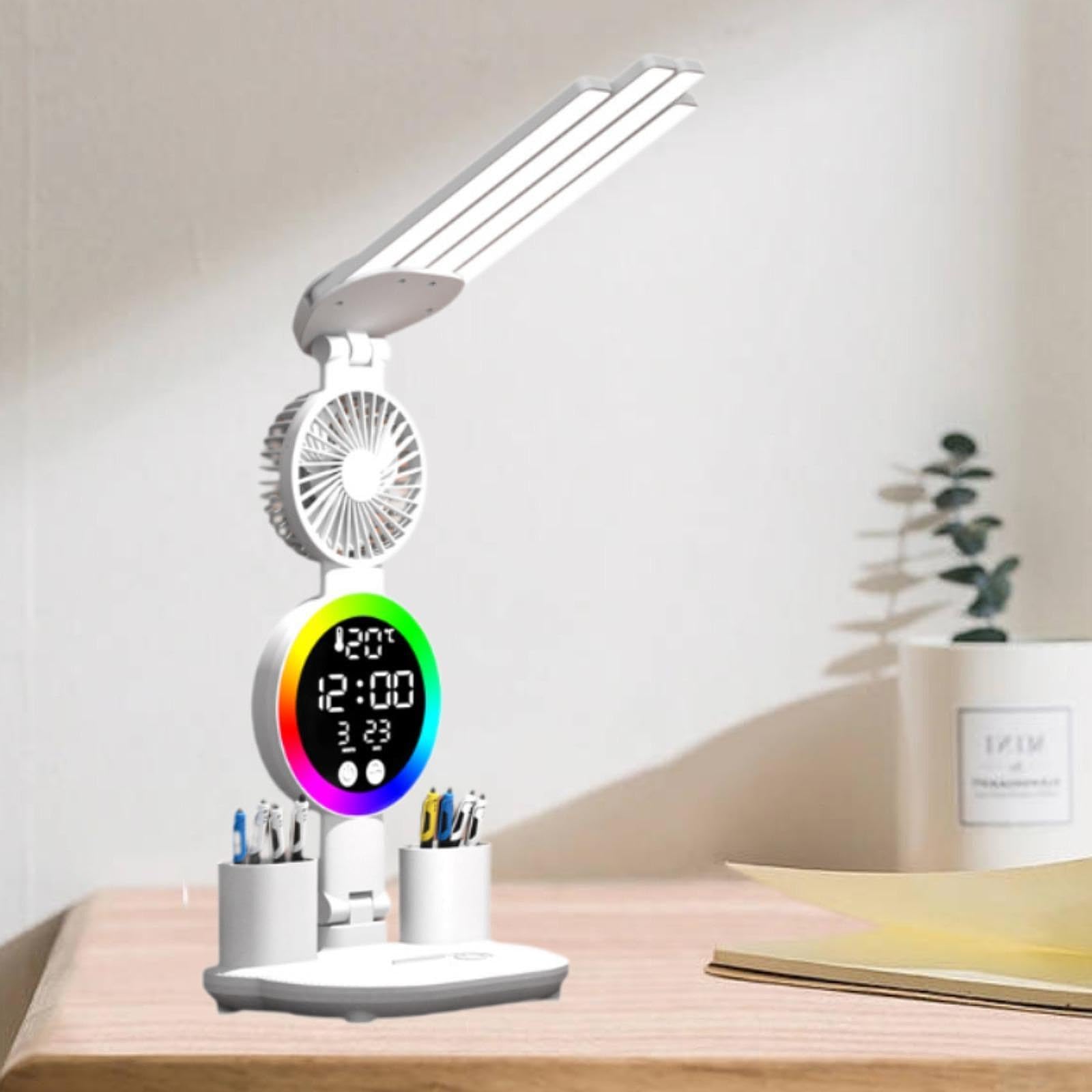 Fenteer Schreibtischlampe, Leselampe mit Stifthalter, mit Uhr, Datum, Temperatur, Standlicht, Dekor, tragbares Augenschutz-Nachttischlicht, mit Lüfter