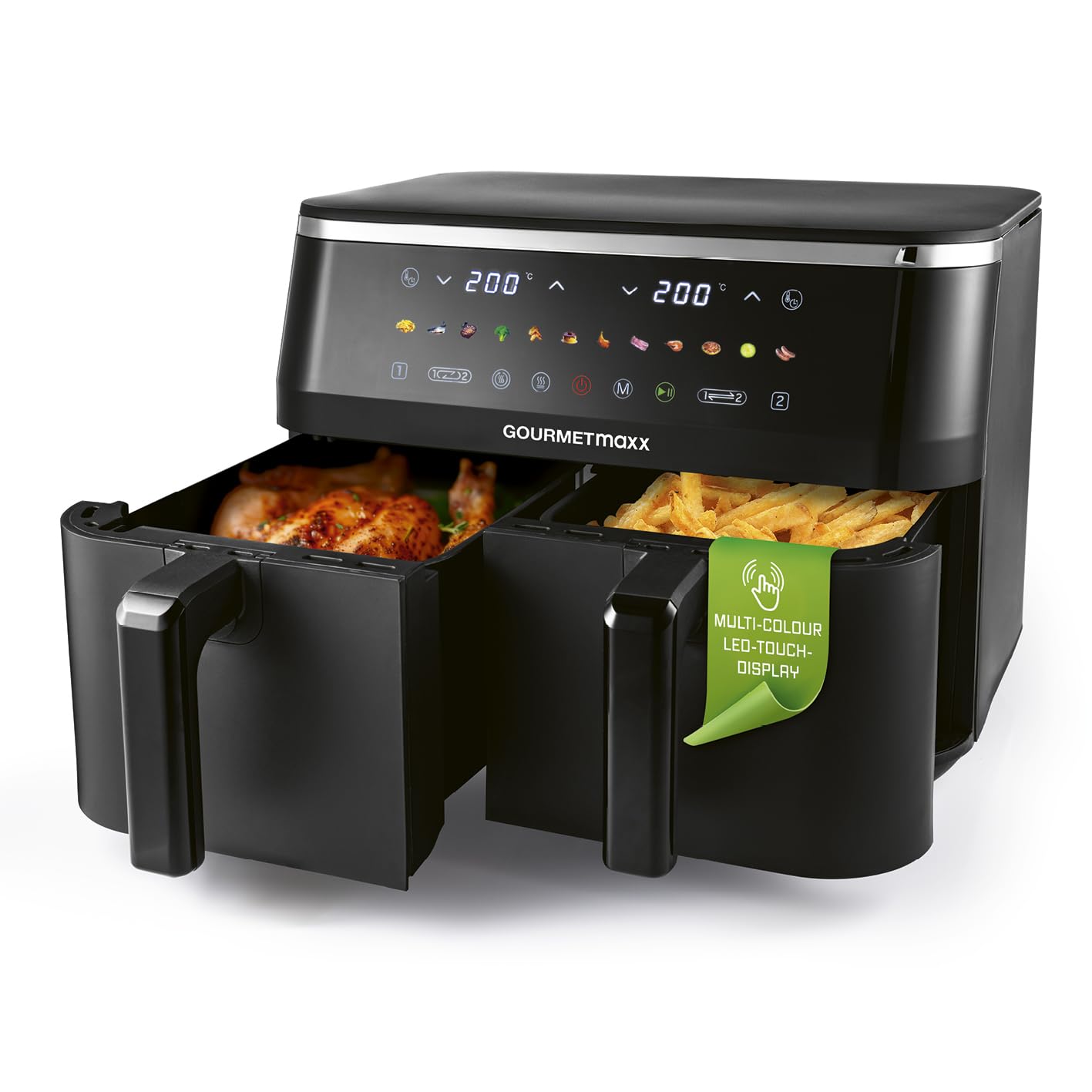 GOURMETmaxx Doppelkammer Heißluftfritteuse - 2 x 4,5 L | Synchro-Garzonen Airfryer | Fritteuse mit LED-Touchscreen, Farb-Icons | Heißluftfritteuse 2 Kammern mit 12 Programmen | fast ohne Öl frittieren