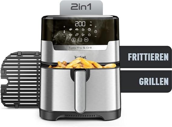 Tefal Easy Fry & Grill Hot Air Fryer 2-in-1 Technology Air Fryer and Grill Digital Display 4.6 Litres for 6 Servings 8 Cooking Programs Energy Saving No Oil Stainless Steel XL Volume EY505D