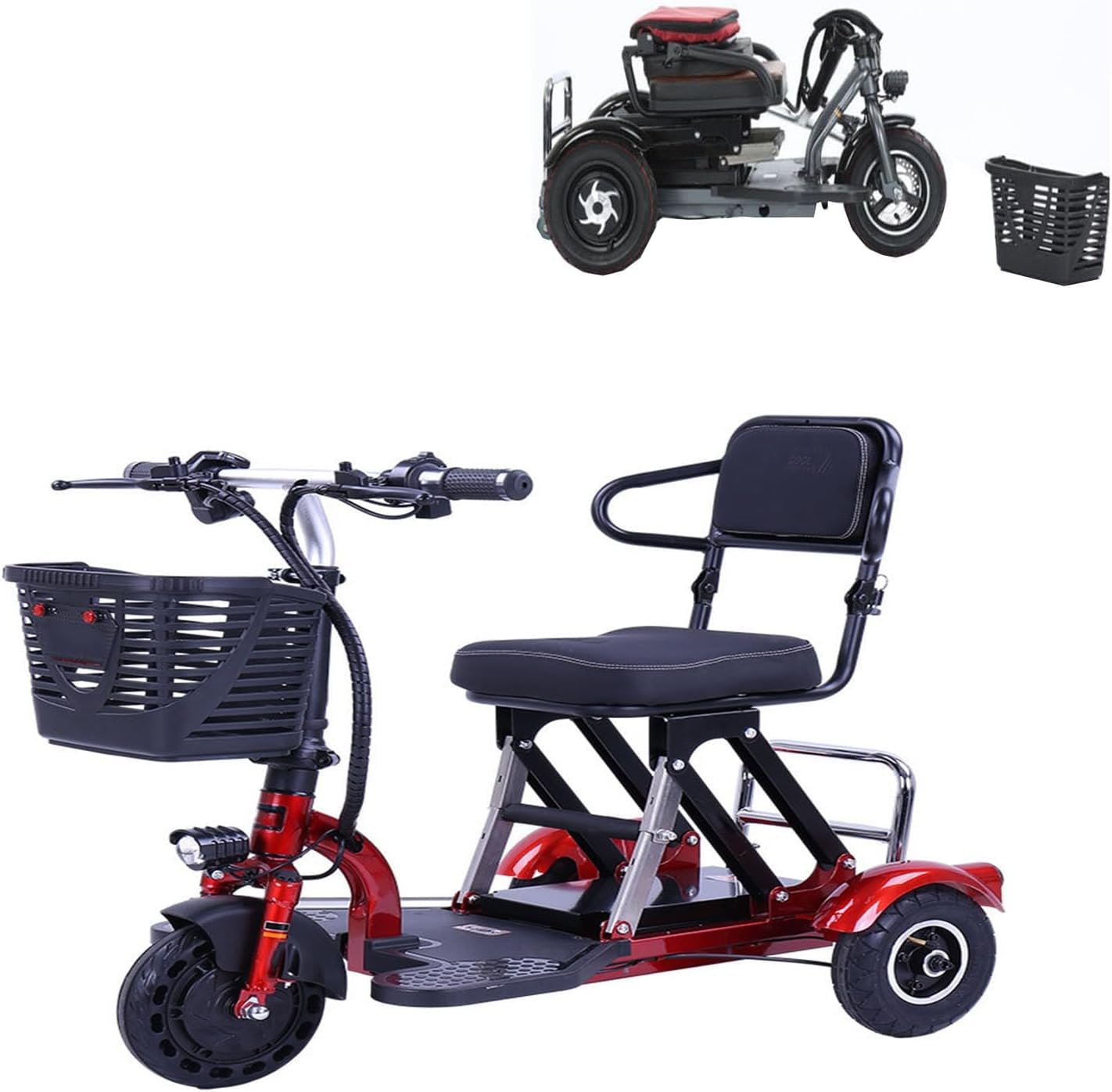 Scooter de mobilité à 3 Roues Pliable avec siège Confortable avec Phares LED et Panier Léger Pliable pour Adultes Personnes âgées handicapées