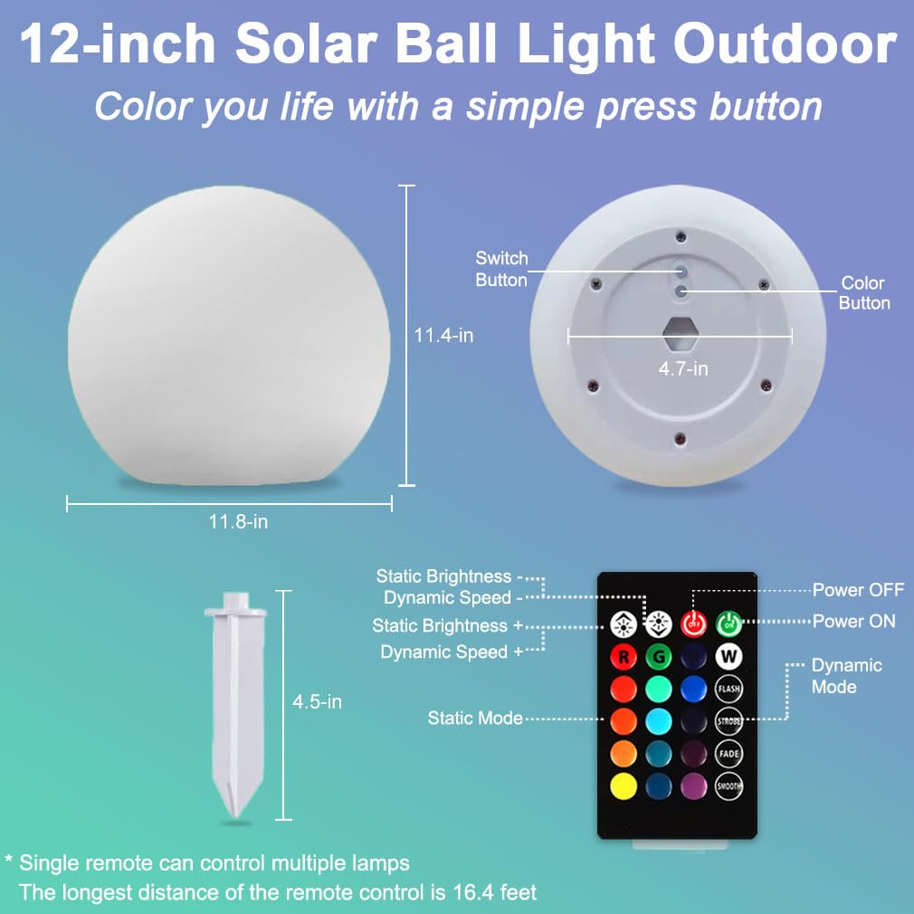 Globo solare da giardino da 30,5 cm, luce solare incandescente con telecomando, 16 RGB che cambia colore, impermeabile, grande lampada per esterni, illuminazione paesaggistica, lampada d'atmosfera con