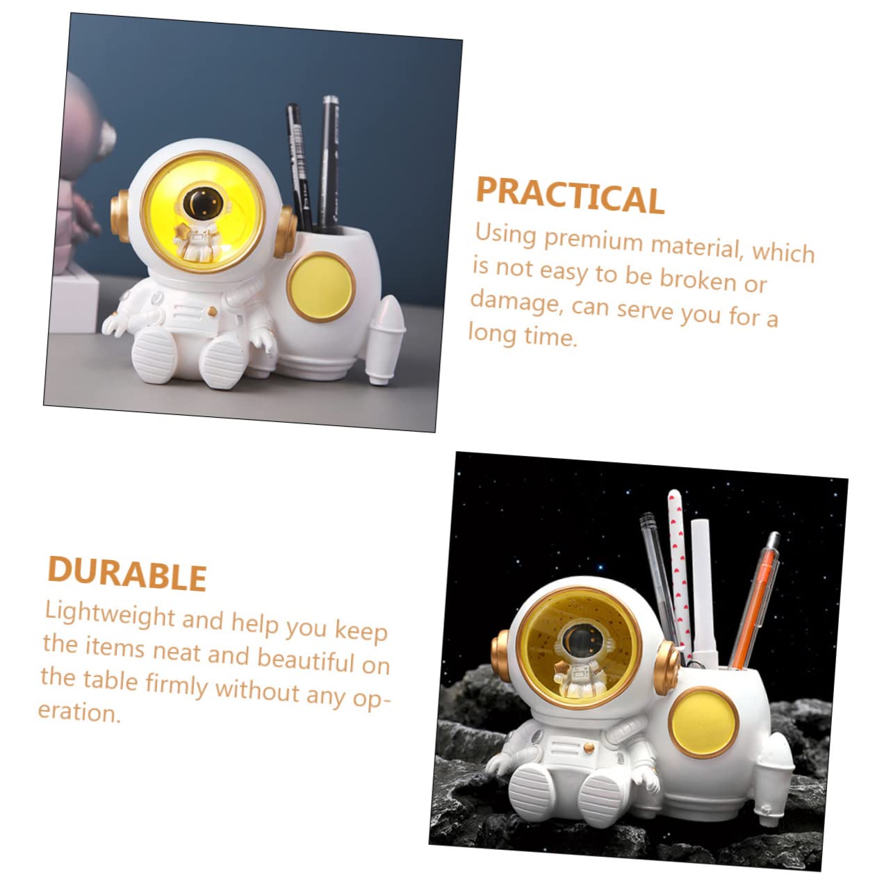 Portapenne Astronauta in Resina con Luce Led, Capacità Grande per Penne e Biglietti da Visita, Accessorio Ufficio Bianco per Scrivania Bambini