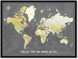 Push Pin World Map Framed- Mark Your Global Adventures, Modern World travel Map with Pins, Pin Adventure World Map