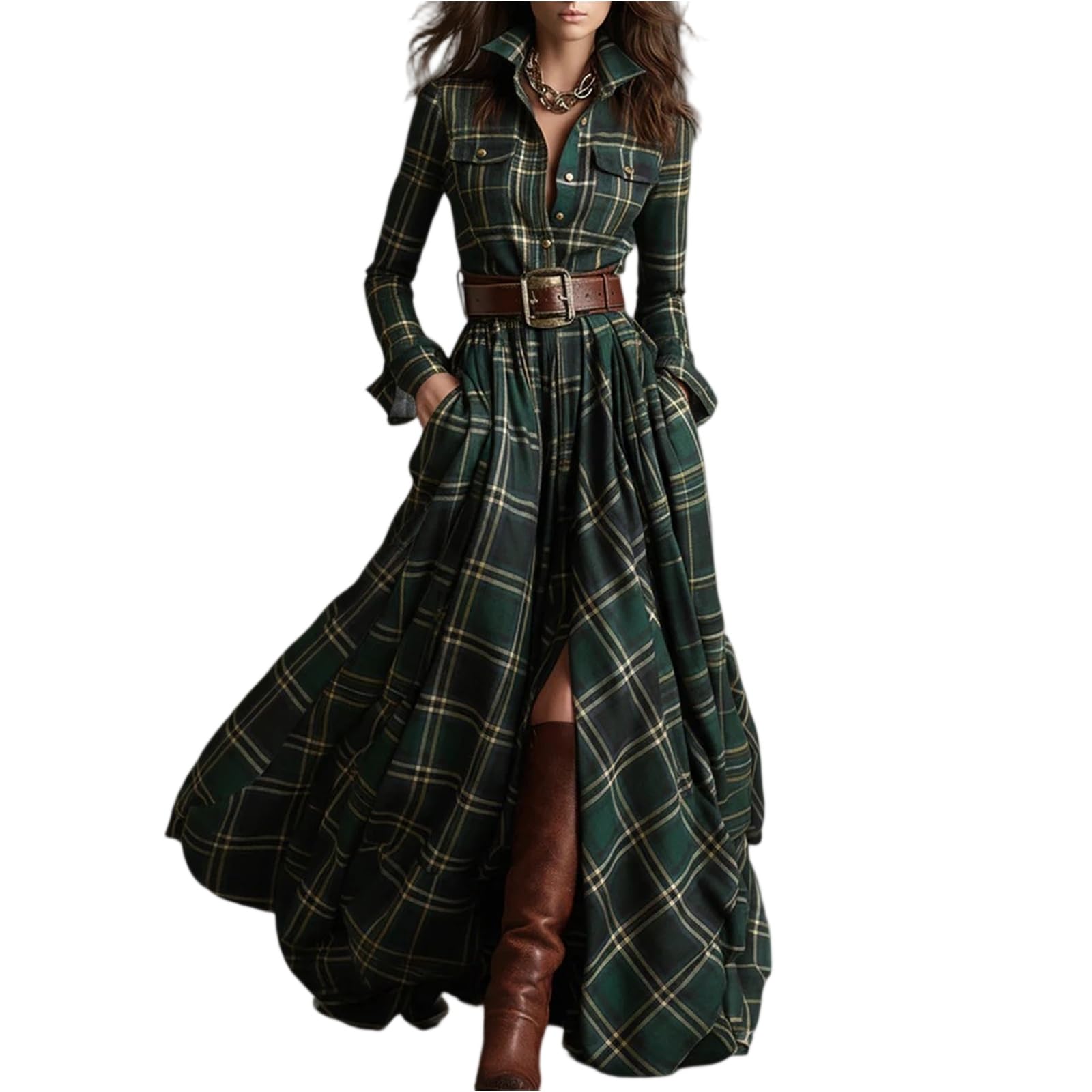 Hemdkleid Damen Lang Langarm Kariert Herbstkleid Elegant Winterkleid Damen A Linie Maxi Kleid Winter mit Kragen Lange Kleider Frauen mit Taschen Knopfleiste Shirtkleid Vintage Damenkleider
