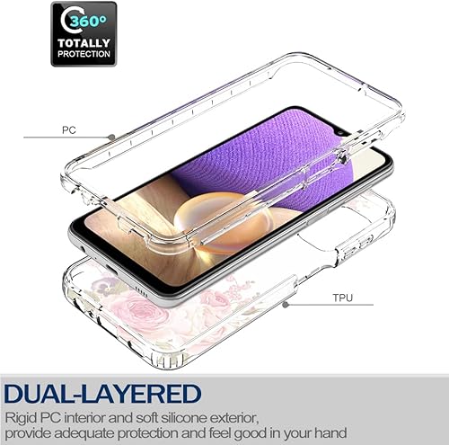 Miniatura 3 de Funda para Galaxy A32 5GM32 5G SM-A326 con protector de pantalla de vidrio templado, diseño floral de cuerpo completo, carcasa rígida + TPU suave a