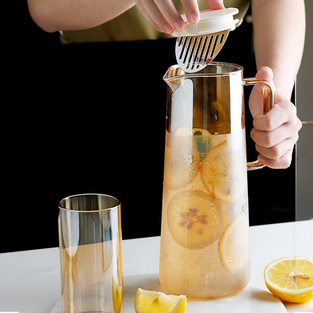 Ginoya brothers Glass Pitcher with lid iced Tea Pitcher Water jug hot Cold Water ice Tea Wine Coffee Milk and Juice (Gold Tea JUG) - Image 8 thumbnail