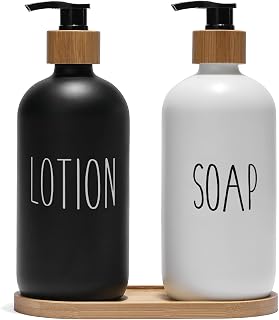FEILANDUO Glass Soap Dispenser Set, Kitchen & Bathroom Dispenser with Bamboo Pump and Soap Tray, Farmhouse Home Decor (Black + White)