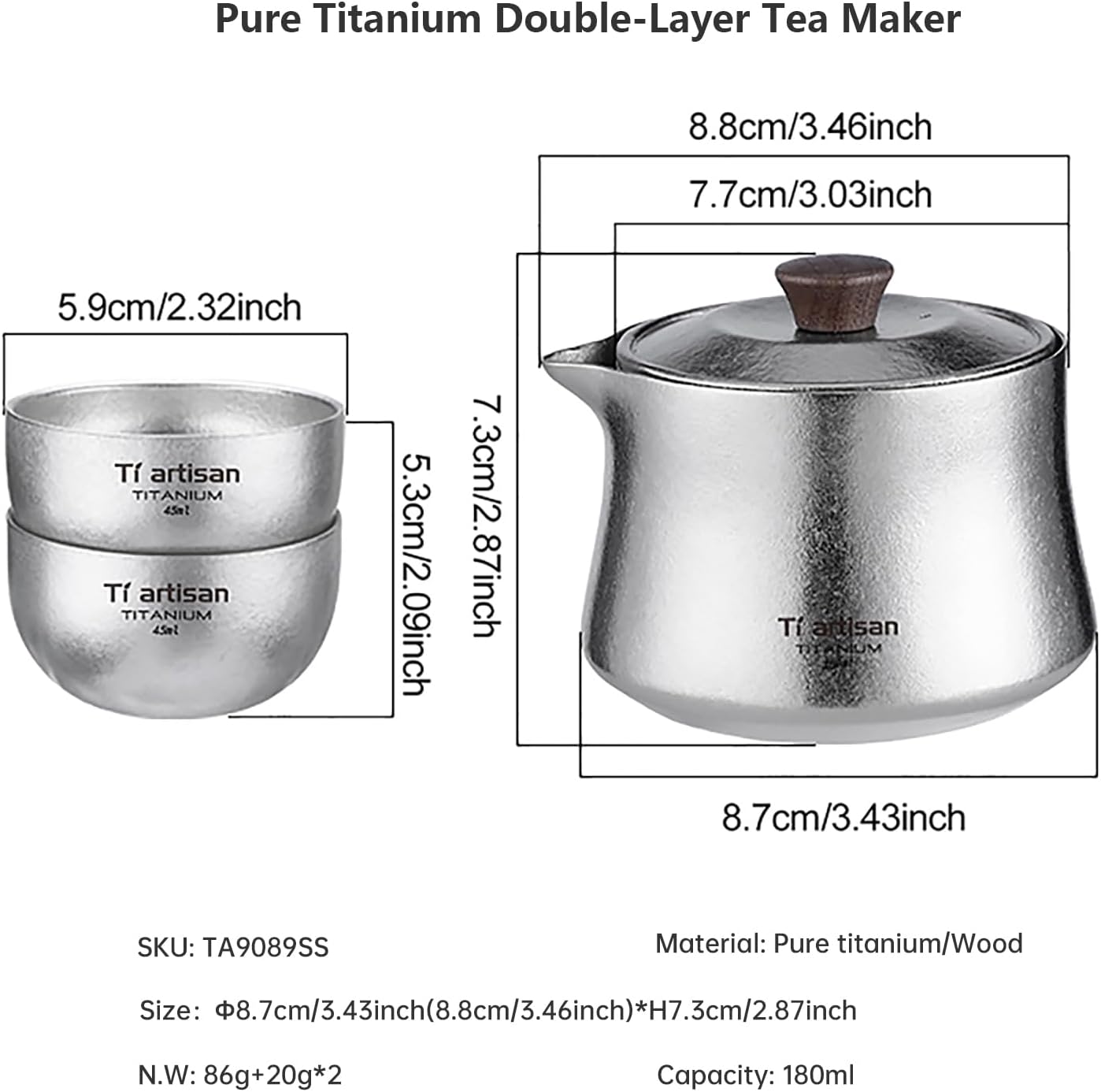 Titanium Tea Set with Strainer Dividing Teapot 180ml and 2 Teacup, Portable Teapot Tea Bowl Backpacking Tea Set for Camping Travel Home Office (Ice Flowers) image 2