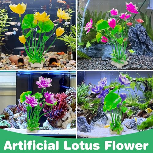 Image of Hamiledyi 2 Pcs Artificial Lotus Flowers with Small Artificial Seaweed Plants, Fish Tank Plastic Plants Decorations, Pink and Yellow Blossoms Artificial Water Plants Perfect for Aquarium Decor