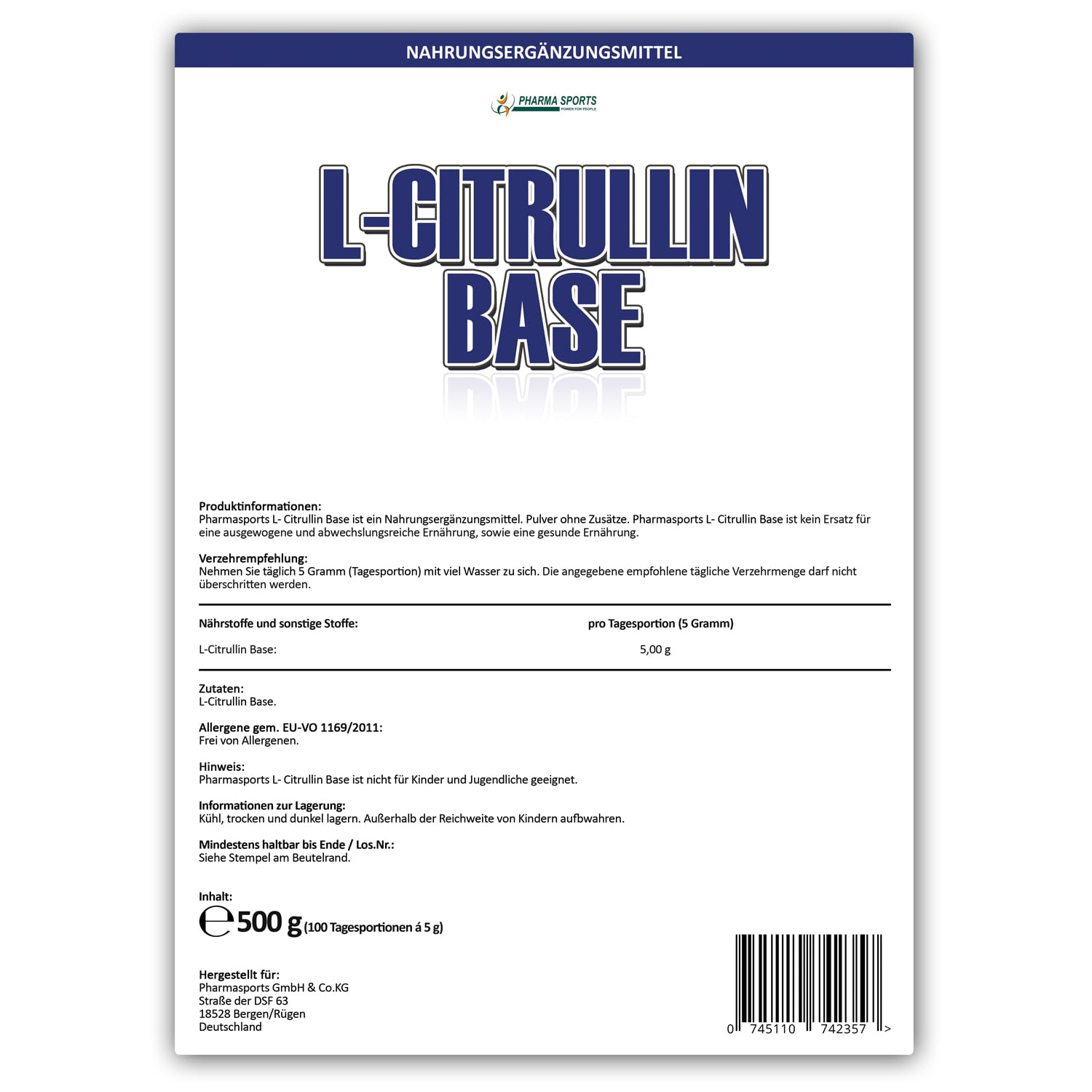 500g reines Citrullin Base 100% Pure Vegan Pulver Vitalstoff - Fitness Booster - steigert u verlängert Arginin Wirkung+Durchblutung