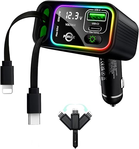 Miniatura 8 de Cargador de coche retráctil USB C, cargador de coche tipo C de 107 W de carga rápida con cable retráctil dual y puertos USB para iPhone 17/16/15,