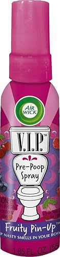 Air Wick V.I.P. - Aerosol para inodoro Pre-Poop, hasta 100 usos, contiene aceites esenciales, aroma afrutado de pin-up, tamaño de viaje, 1.85 onzas,