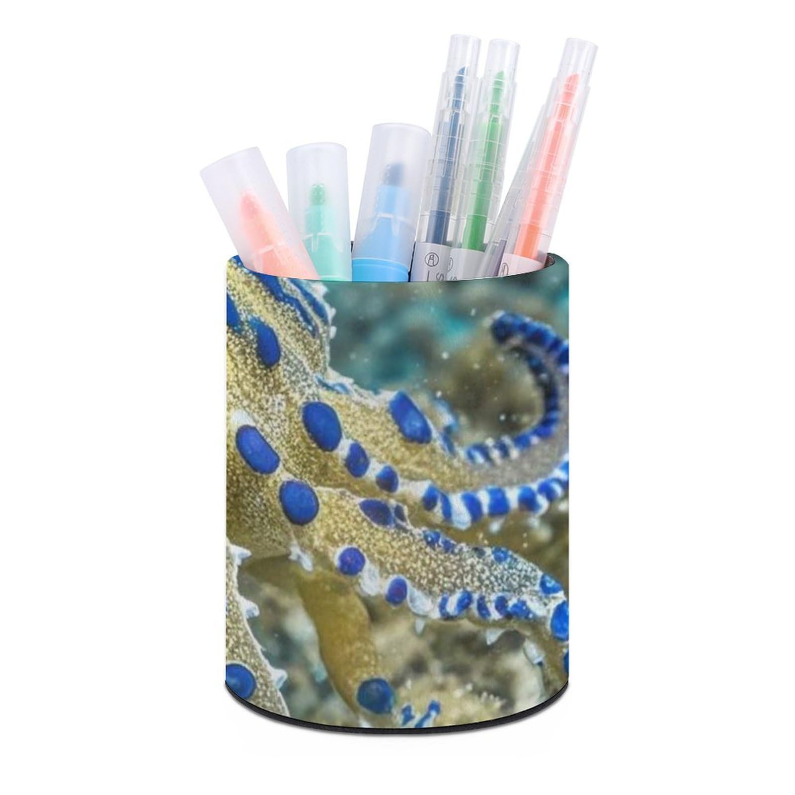 FekiLoot PU Leather Round Pen Holder Blue Ringed Octopus Pencil Holder Desk Organizer Pen Organizer Pen Cup Pencil Cup Caddy Desktop Stationery Organizers for Office Home Supplies