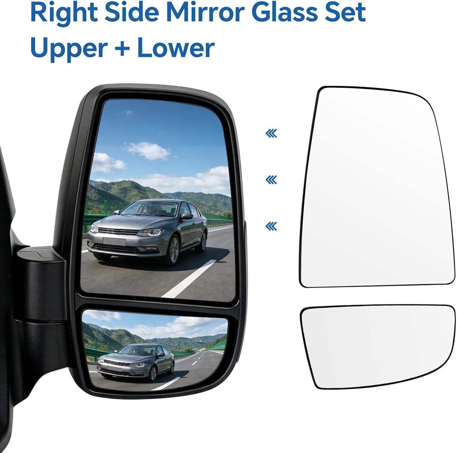 Passenger Right Side Upper & Lower Mirror Glass for Ford Transit 150 250 350 2015-2023 MK8 (1 Pair) -Heated Replacement with Backing Plate & 2 Clips