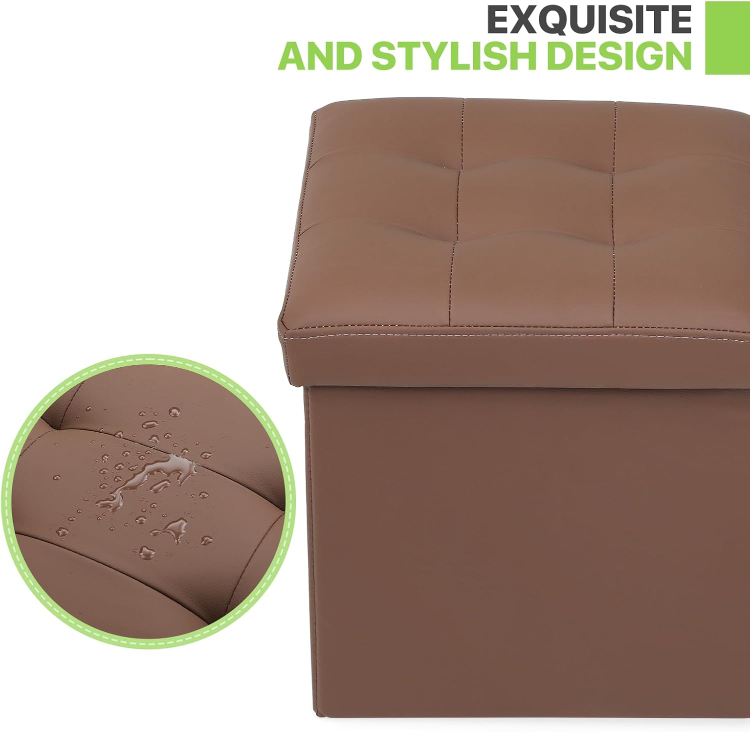 Magshion Folding Ottoman Cube, 15 x 15 x 15 Inches PU Leather Footrest Stool, Small Square Ottoman with Hidden 42L Storage for Entryway, Living Room, Dorm, Bedroom, Brown