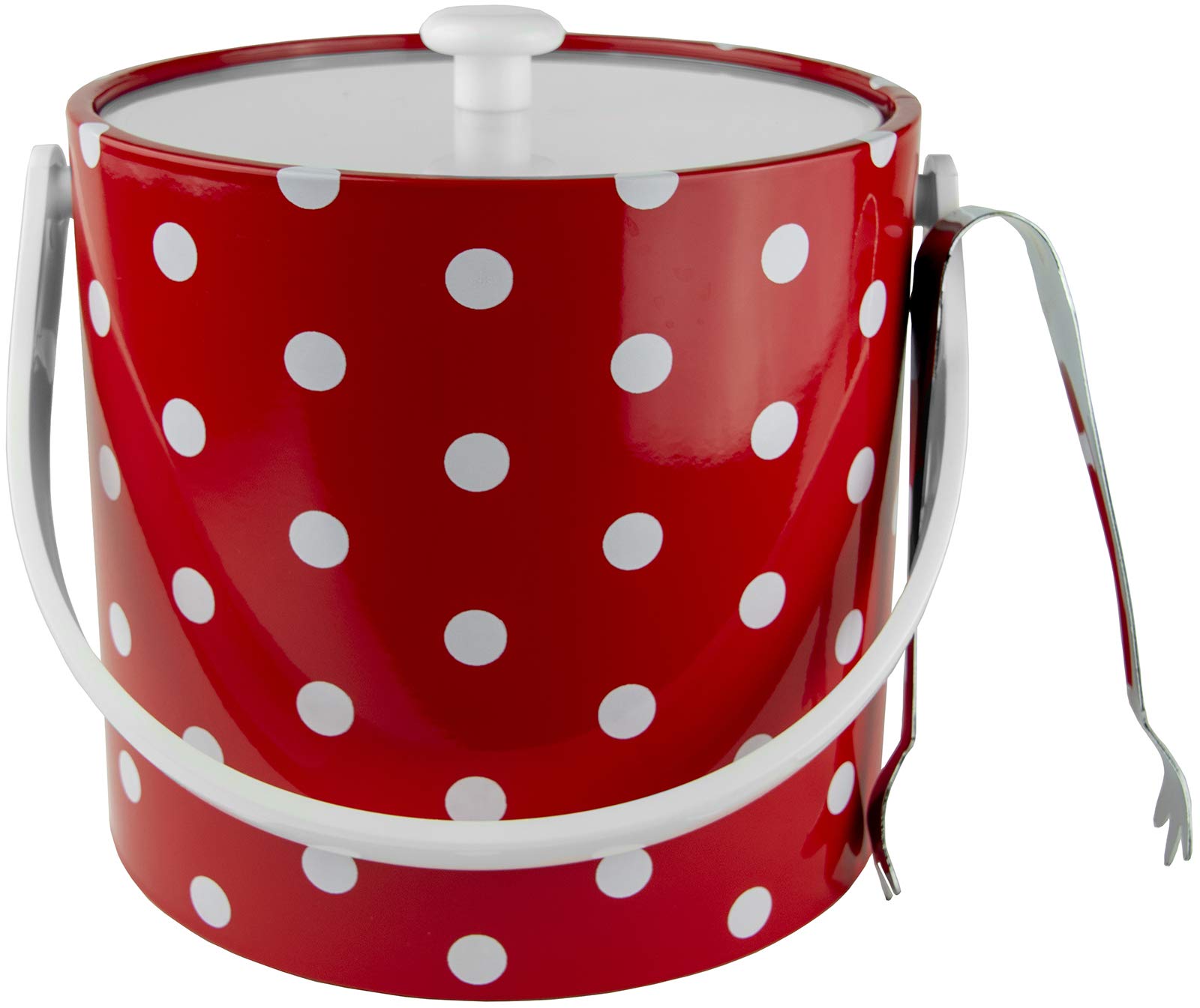 Hand Made In USA Red & White Double Walled 3-Quart Insulated Ice Bucket With Ice Tongs (Polka Dot Collection)