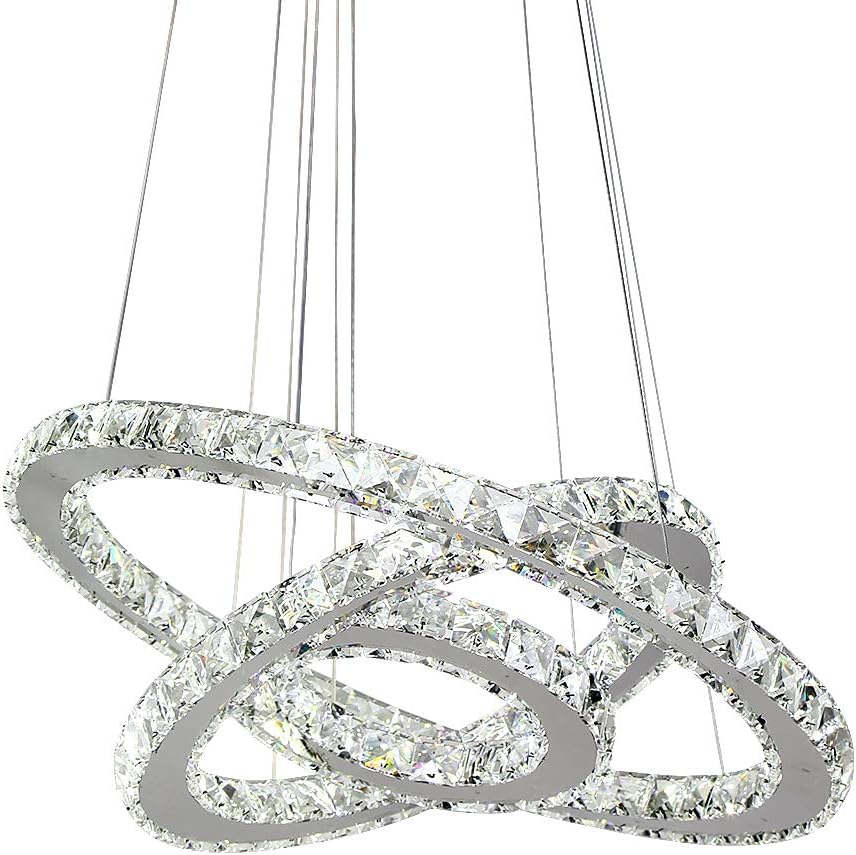 Maxax Crystal Chandelier LED Ceiling Fixtures Pendant Lighting Adjustable Stainless Steel 3 Rings LED Light Fixtures Hangin for Dining Room Living Room,Cool White(6500K)