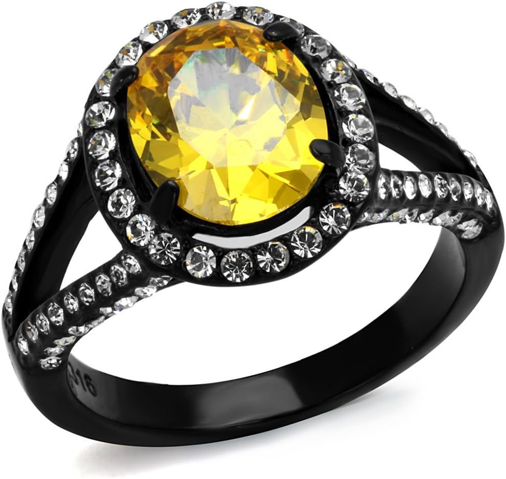 Marimor Jewelry 3.26 Carat Oval Topaz Halo Cubic Zirconia Black Stainless Steel Engagement Ring Women's Size 5-10