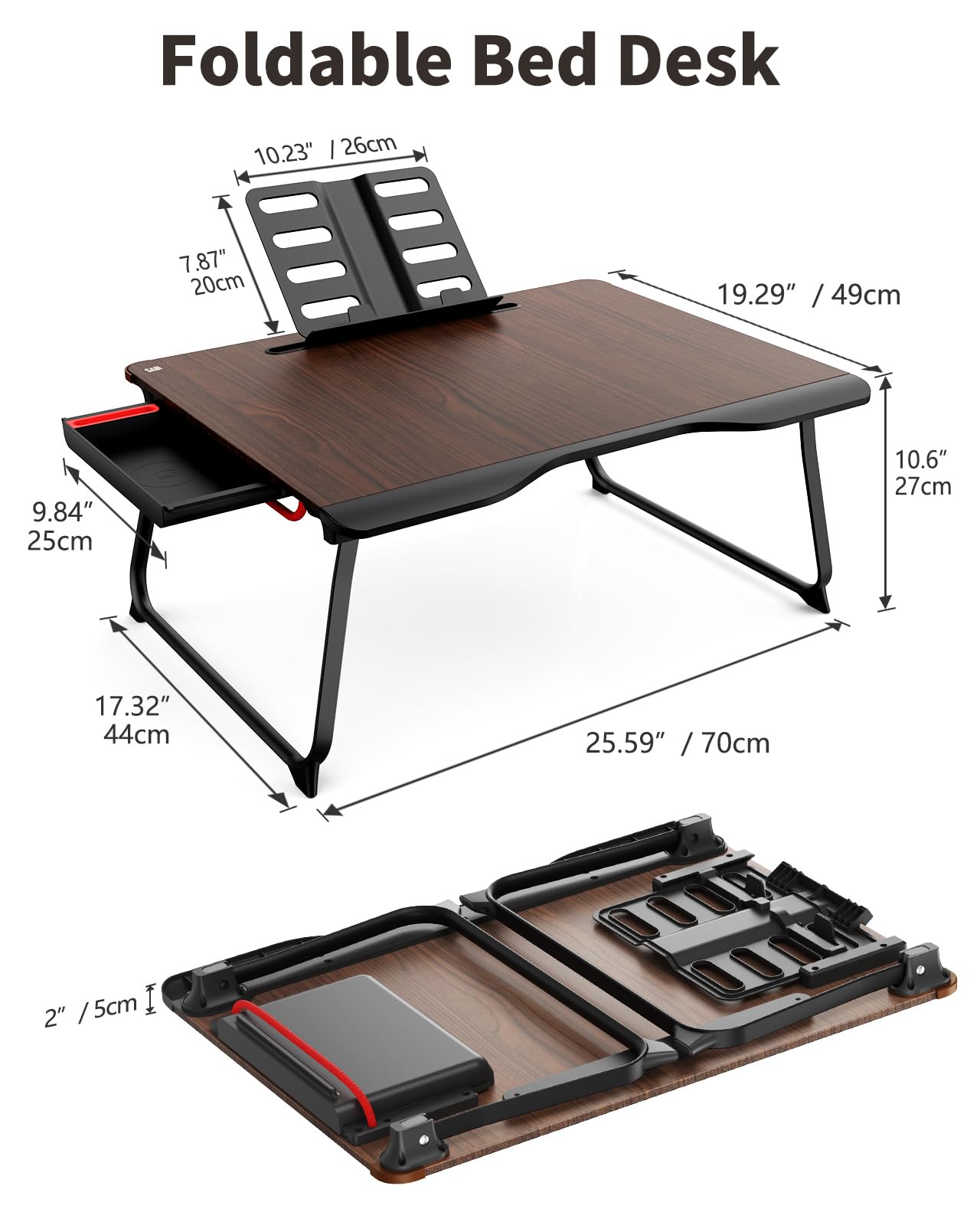 Mesa Cama para portátil, Vuelta al Cole, Mesa SAIJI XXL, para Comer, Trabajar, sofá, Cama, con cajón, reposamanos, Soporte para Libros y tabletas (Negro, 65 * 49 * 30cm)
