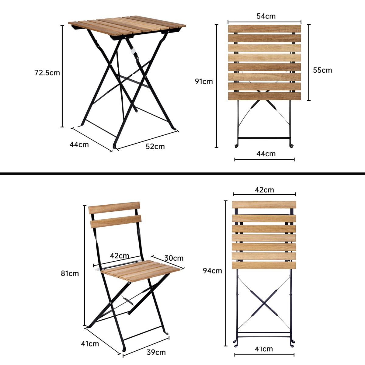 Set de 3 Muebles de Mesa y 2 Sillas, Jardín, Exterior, Plegables, Metal y Madera, para Terraza Estilo Retro, Estructura de Acero, tipo Bistró, Patas Antideslizantes, Balcones Pequeños, Terrazas