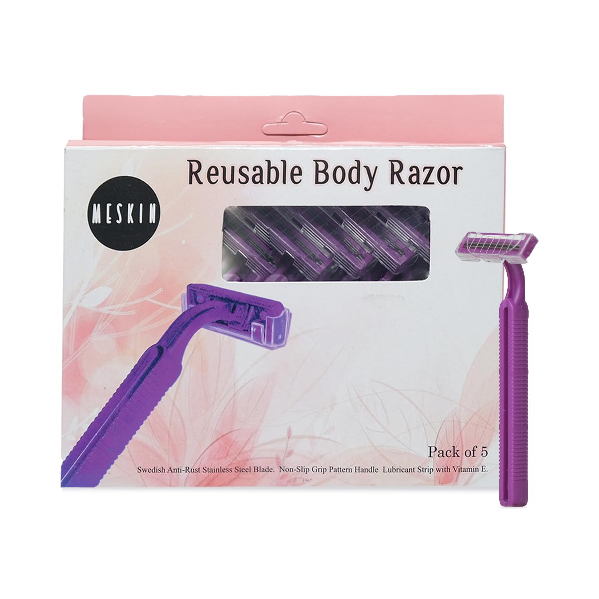 MESKIN 10Pcs Reusable Body Razor wih Aloe Vera Lube Strip Painfree Body Hair Removing Tool Stainless Steel Blade with Anti-Slip Handle for smooth Glide. Full Body Razor Purple (Pack of 10)
