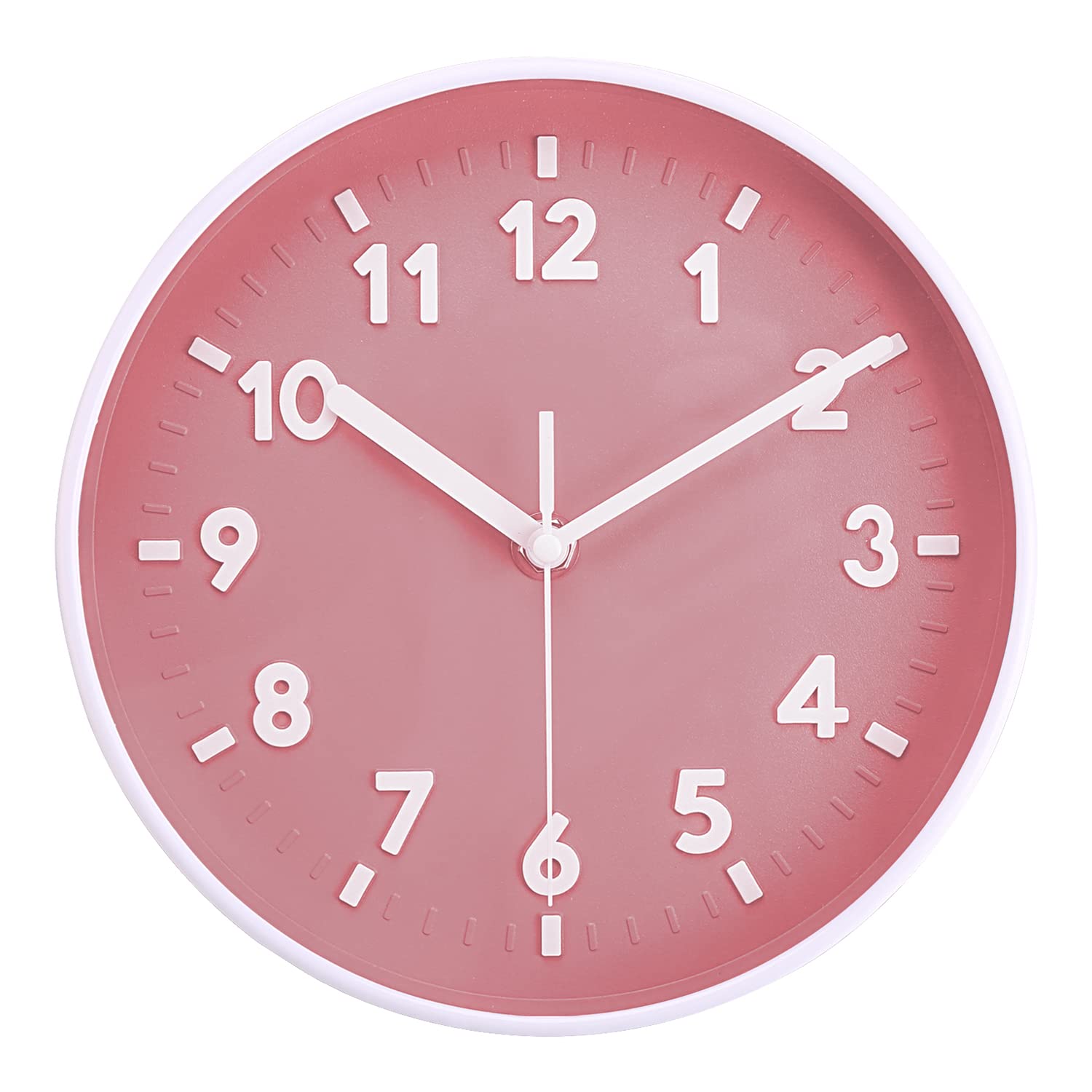 Topkey Pink 8” Round Silent Wall Clock Easy Read Big Numbers Kitchen Modern Non-Ticking Decorative Wall Clock For Bedroom Office School