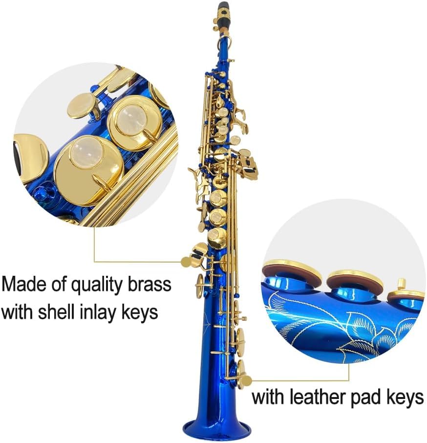 Image of Straight Soprano Saxophone Bb B Flat Sax with Case, Mouthpiece,Reeds & Accessories Brass Woodwind Instrument for Beginners,Adults & Advanced Players Blue
