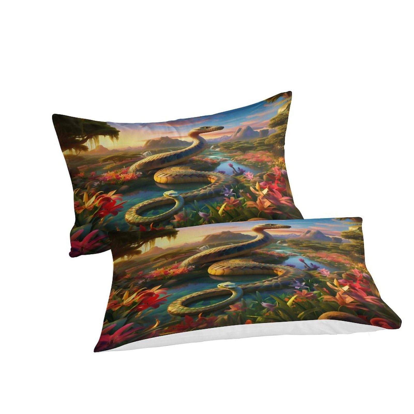 Mythische Schlange 3-teiliges Reines Polyester Fantasy Landschaftskunst Bettbezugset, Versteckter Reißverschluss, Für Kleinkinder, Babysicher & Gifffrei, Pflegeleicht King（220x240cm）